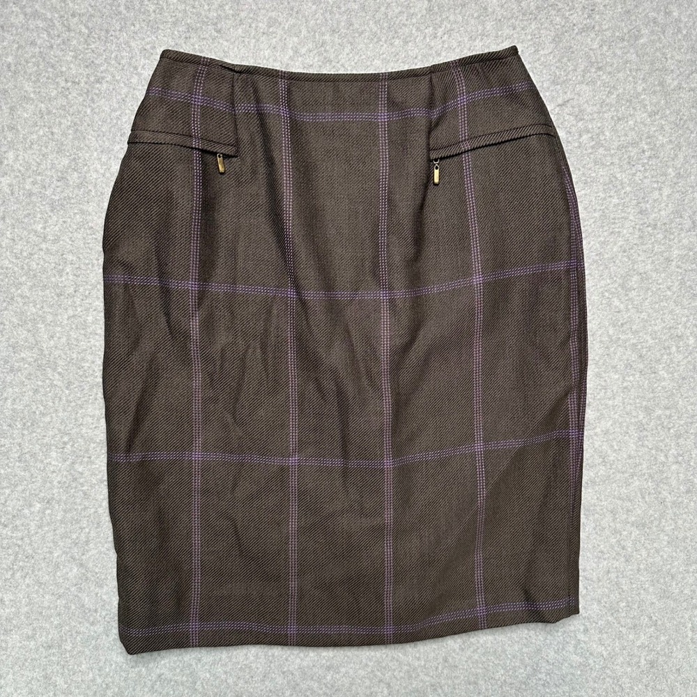 VTG Carlisle Womens 6 Brown Purple Windowpane Plaid 100% Wool Pencil Skirt Lined